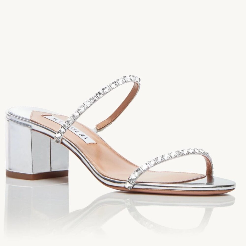 AQUAZZURA - Block Heel Sandal - Silver Crystal Embellished - IT 37.5 | US 7.5